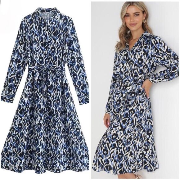 ZARA Printed Shirt Dress Blue New - Picture 1 of 15